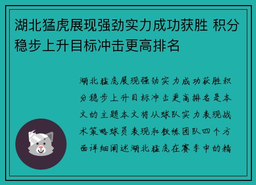 湖北猛虎展现强劲实力成功获胜 积分稳步上升目标冲击更高排名