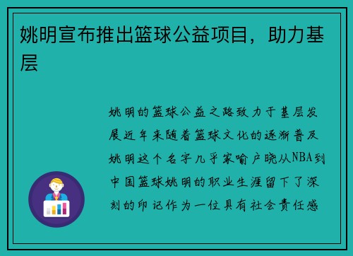 姚明宣布推出篮球公益项目，助力基层