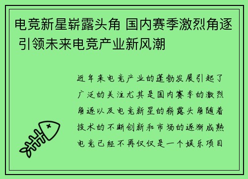 电竞新星崭露头角 国内赛季激烈角逐 引领未来电竞产业新风潮 电竞新星崭露头角 国内赛季激烈角逐 引领未来电竞产业新风潮